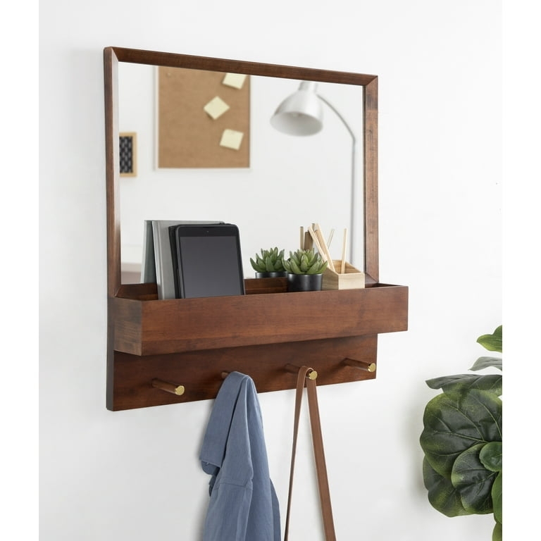 Entry Mirror: Pocket Shelf, Brass Capped Pegs, Walnut