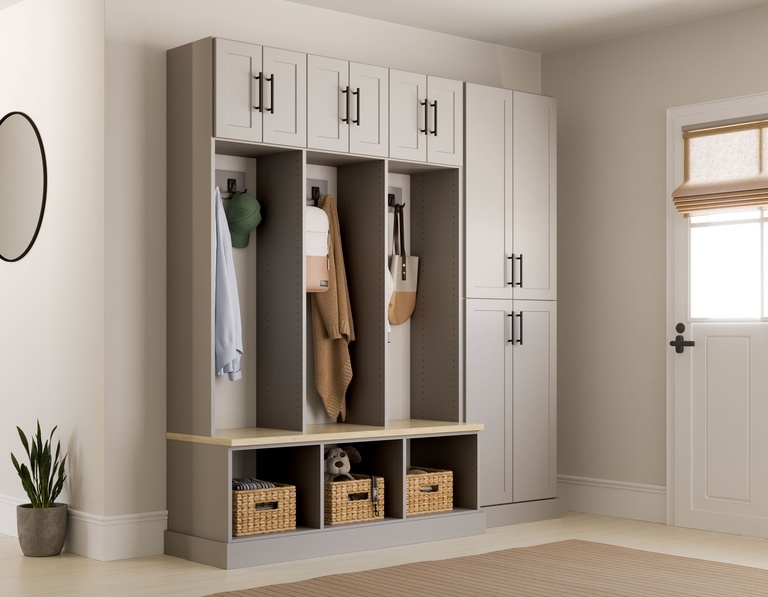 Entryway Locker Unit Greige Shaker Doors Integrated Bench