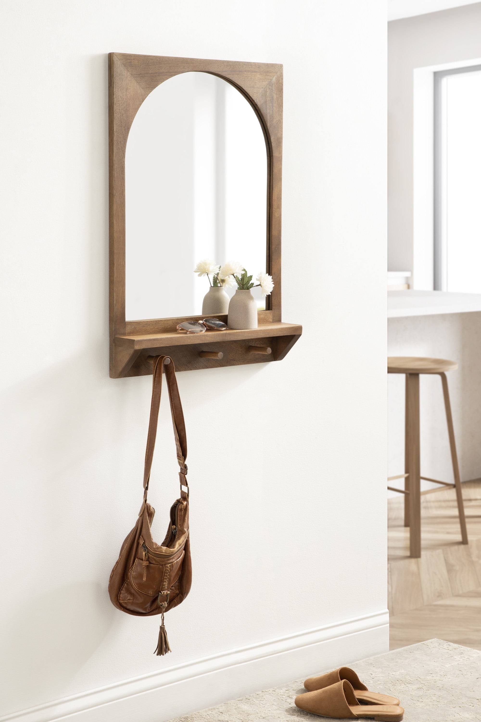 Entryway Mirror: Arched Inset Design, Three Peg Hooks