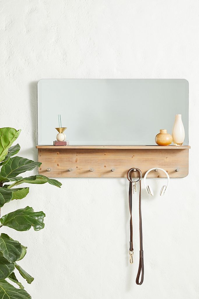 Entryway Mirror Shelf: Horizontal Grain Backboard & Pegs