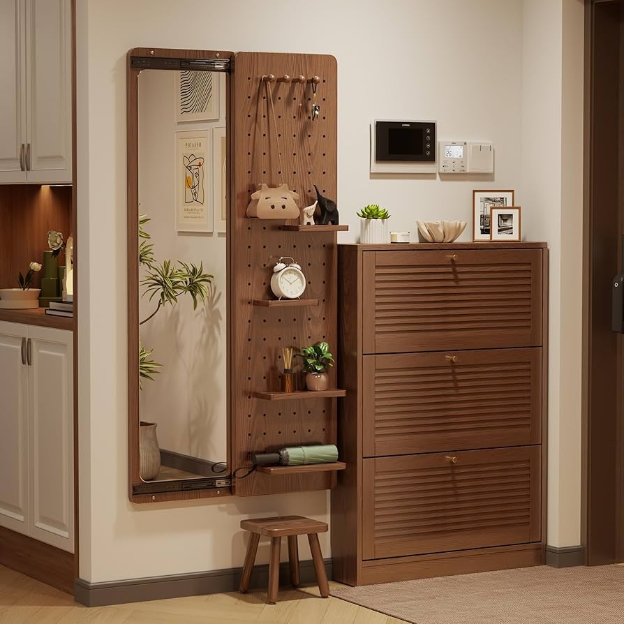 Entryway Storage System: Sliding Mirror, Slatted Fronts