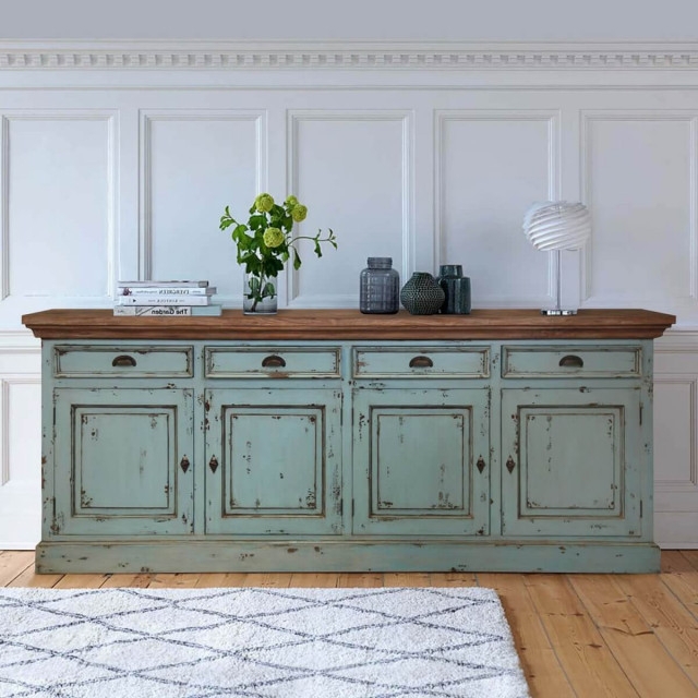 Extra Long Sideboard: Distressed Ocean Blue Buffet Table