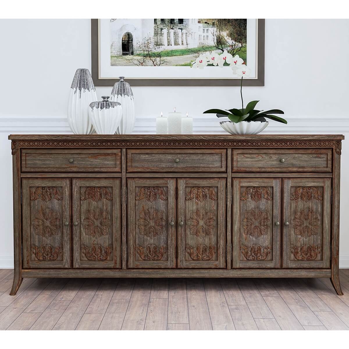 Extra Long Sideboard with Ornate Floral Carved Panels