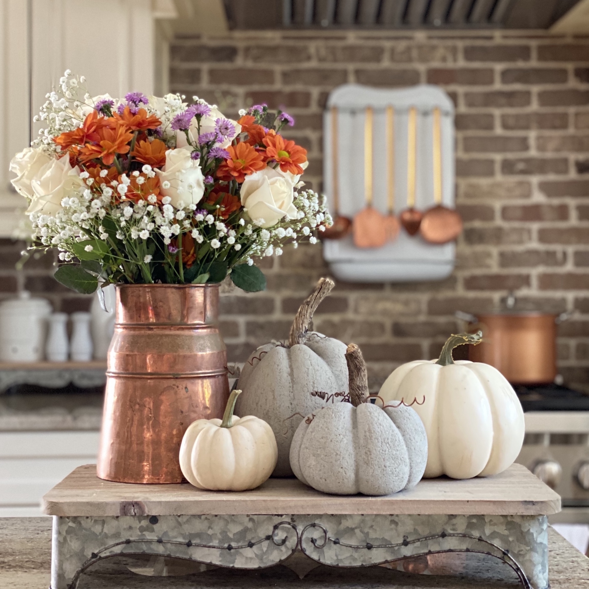 Fall Vignette with Textured Grey Pumpkins Harvest Kitchen
