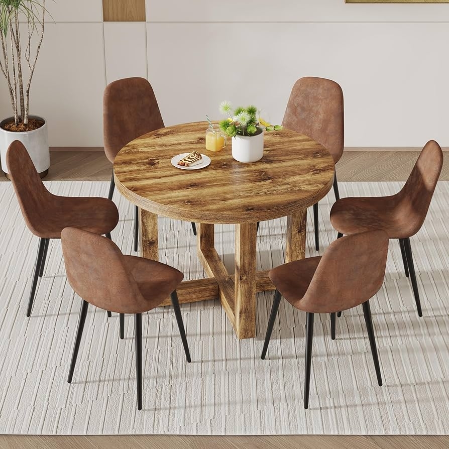 Farmhouse Dining Set with Leather Like Chairs and X Base