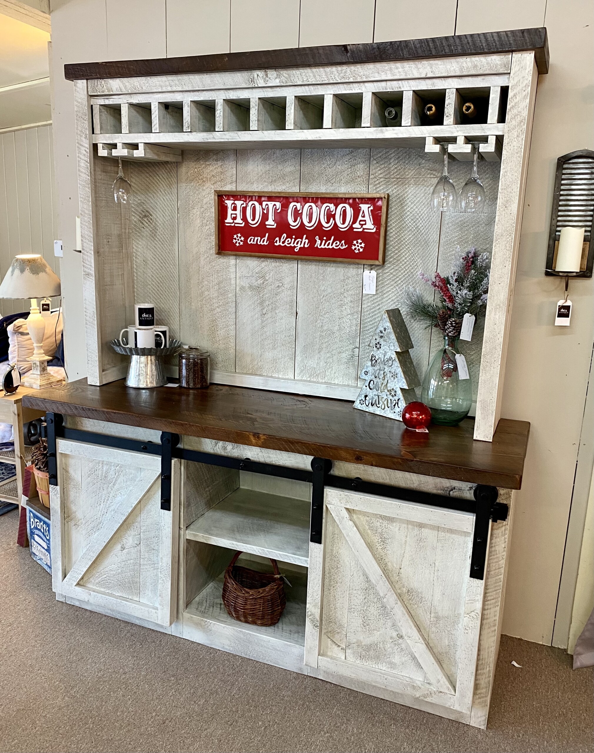 Farmhouse Hutch: Sliding Barn Door Whitewashed Wine Rack Unit