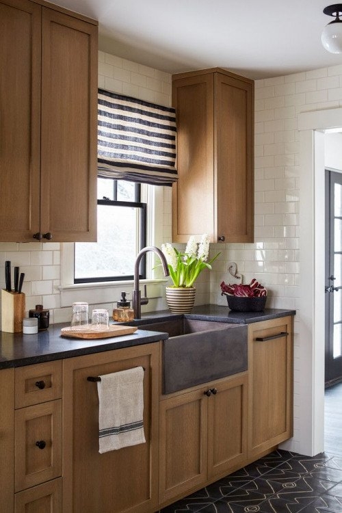 Farmhouse Kitchen: Striped Roman Shade Geometric Floor Tiles