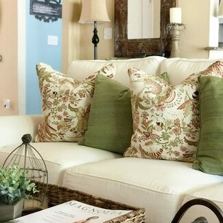Farmhouse Sofa with Olive Green Pillows and Woven Tray