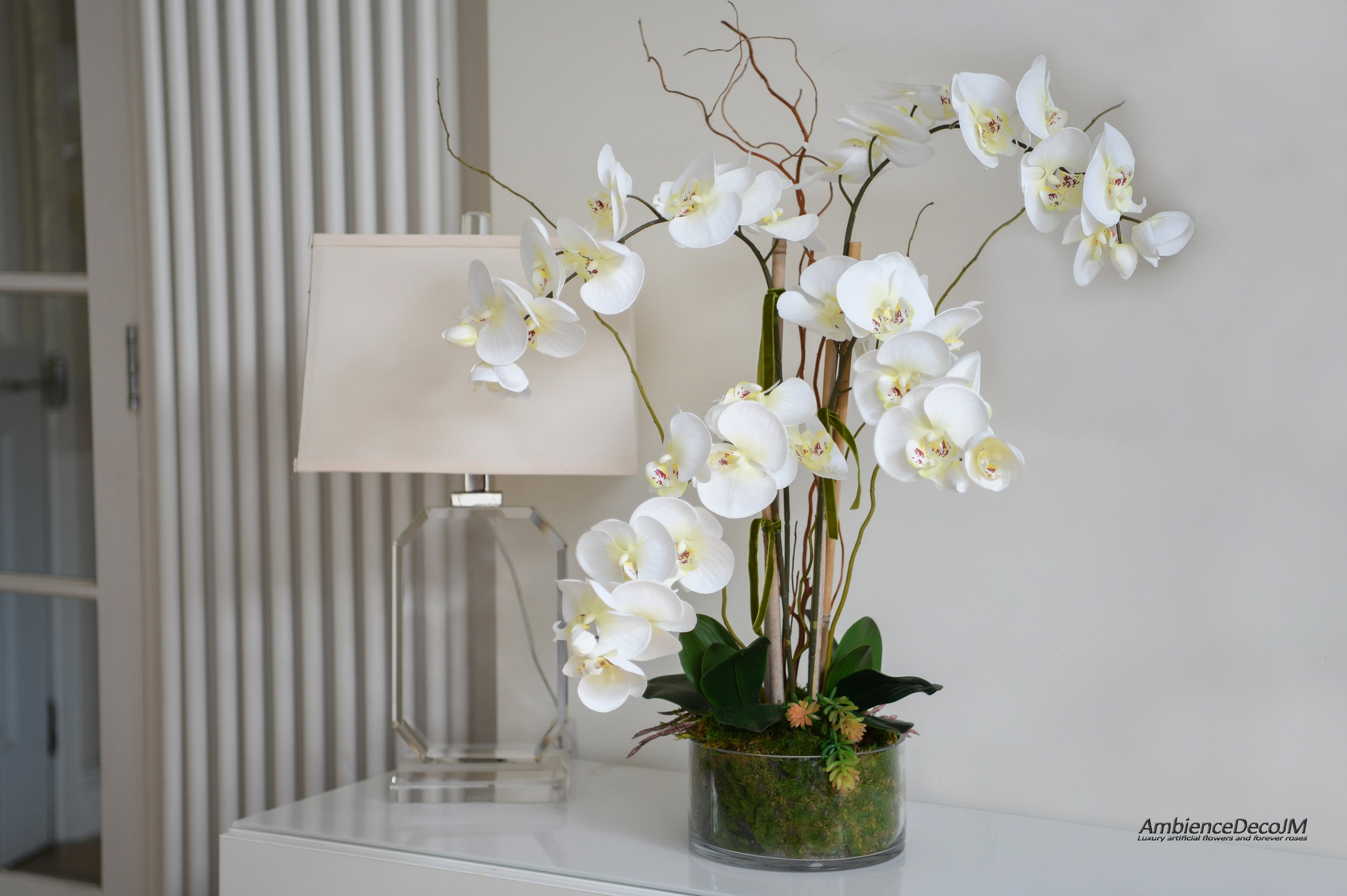 Faux Orchid Arrangement Glass Vase Multi Stem Blooms Moss Filling