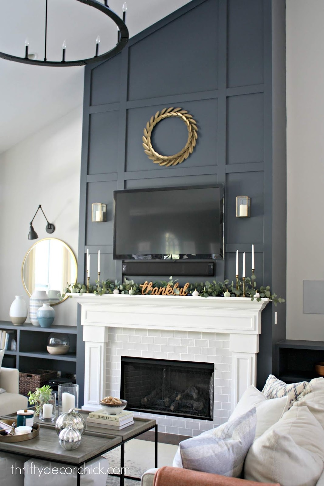 Fireplace Accent Wall Charcoal Grid White Mantel Dark