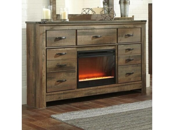 Fireplace Dresser with Distressed Wood Look and 9 Drawers