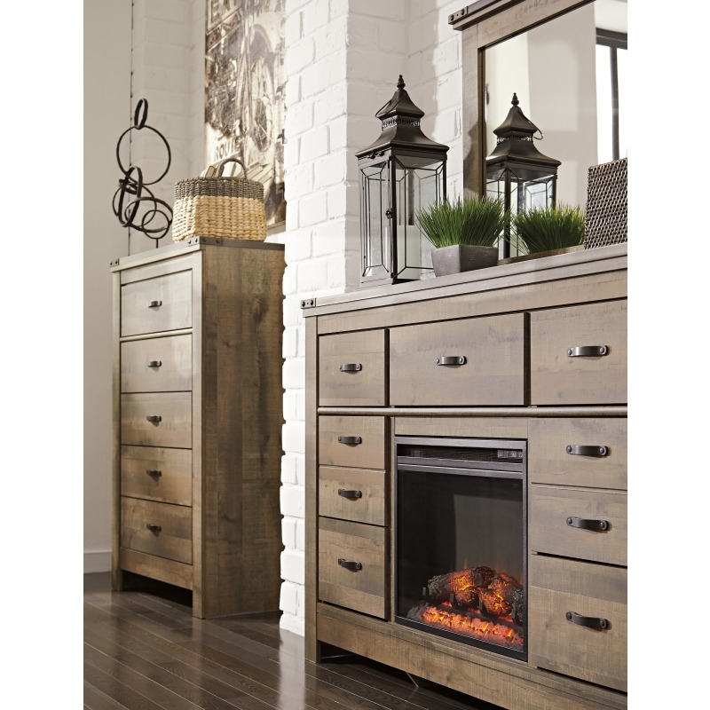 Fireplace Dresser with Metal Accents and Medium Brown Oak