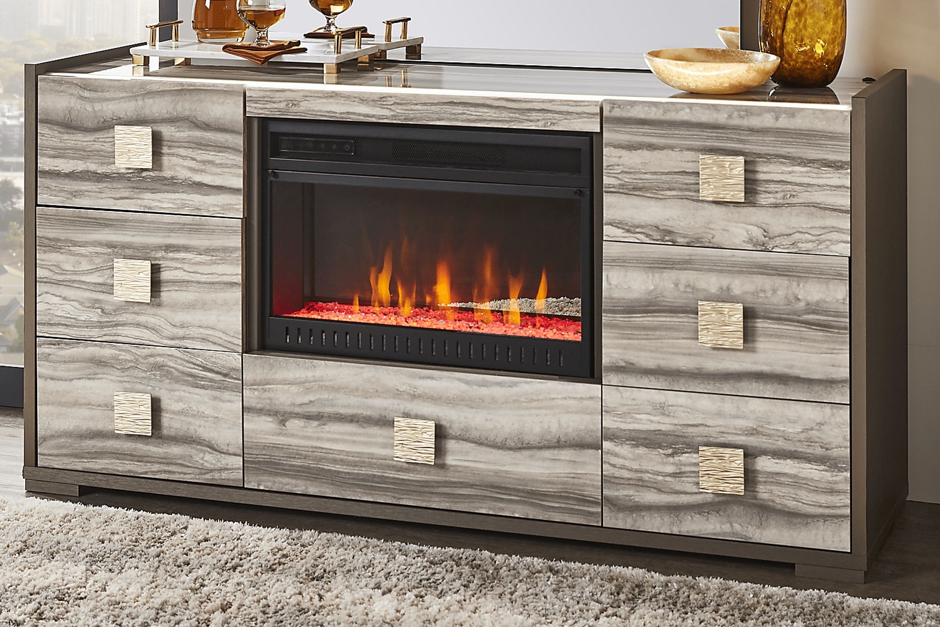 Fireplace Dresser with Stone-Like Fronts and Gold Knobs