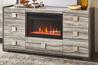 Fireplace Dresser with Stone-Like Fronts and Gold Knobs