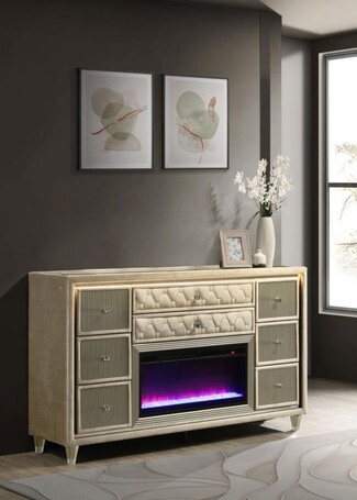 Fireplace Dresser with Tufted Upholstery and LED Trim
