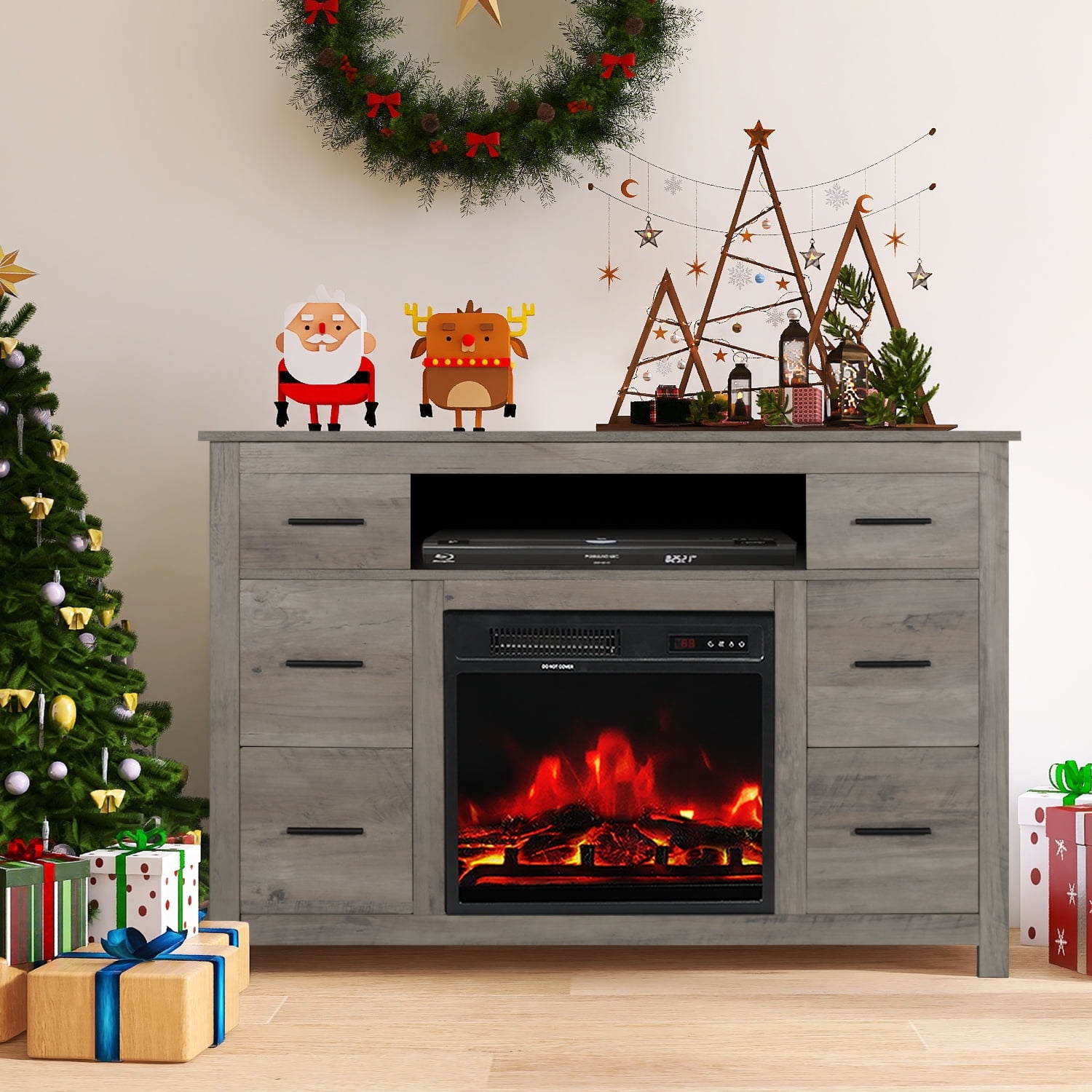 Fireplace Dresser with Weathered Grey Finish and Open Shelf