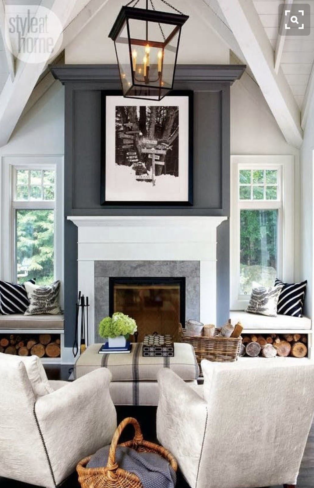 Fireplace Mantel Charcoal Upper Wall Window Seat Design