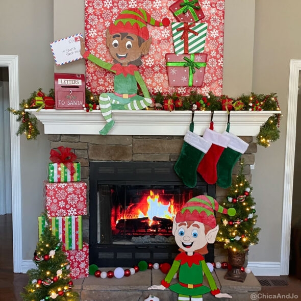 Fireplace Mantel Decor Oversized Elf Cutouts and Santa Mailbox