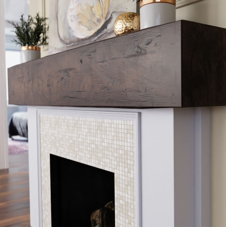 Fireplace Mantel Mosaic Inlay Distressed Wood Mantel Beam