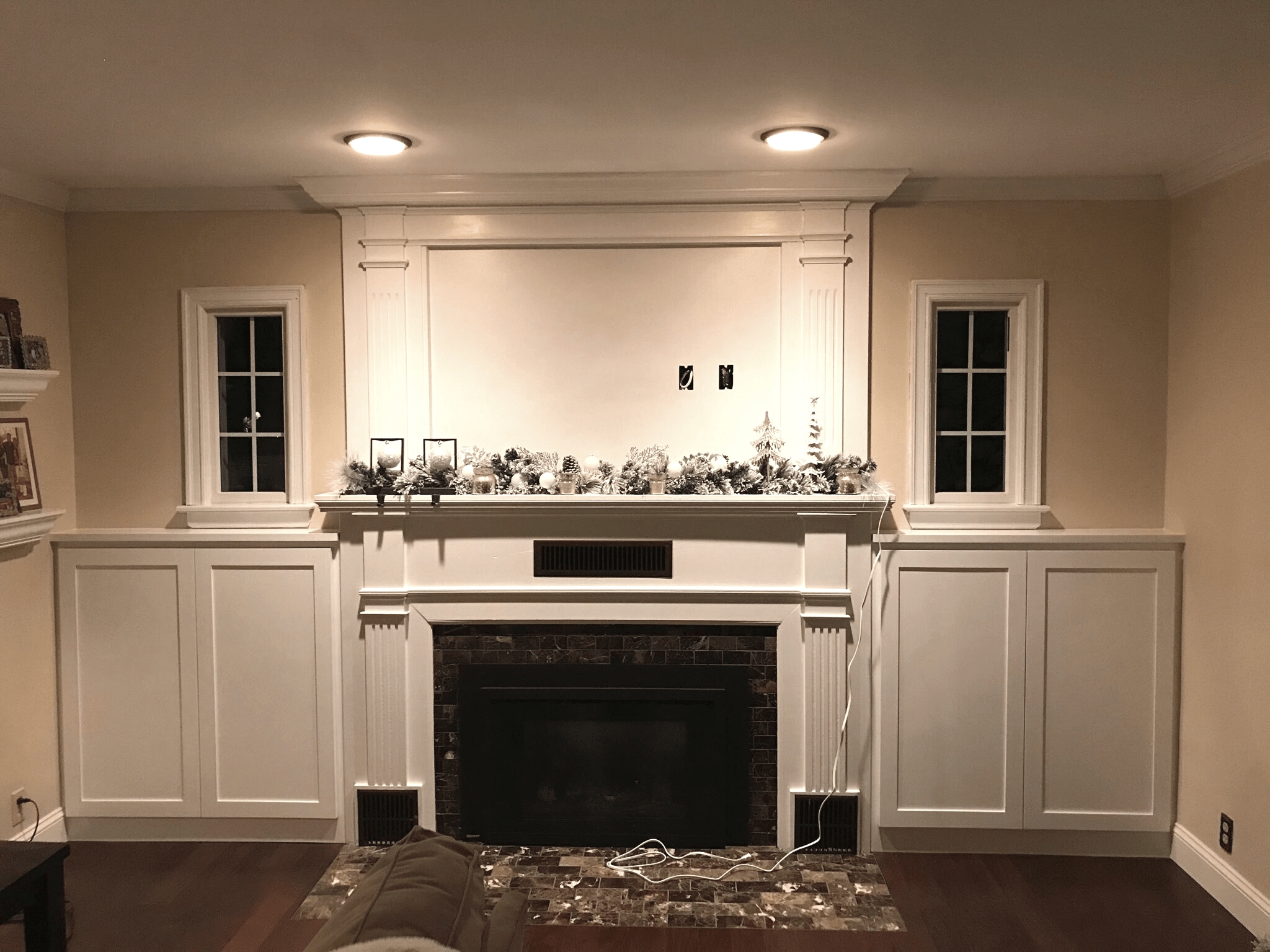 Fireplace Mantel Surround with Fluted Pilasters and Media Wall Nook