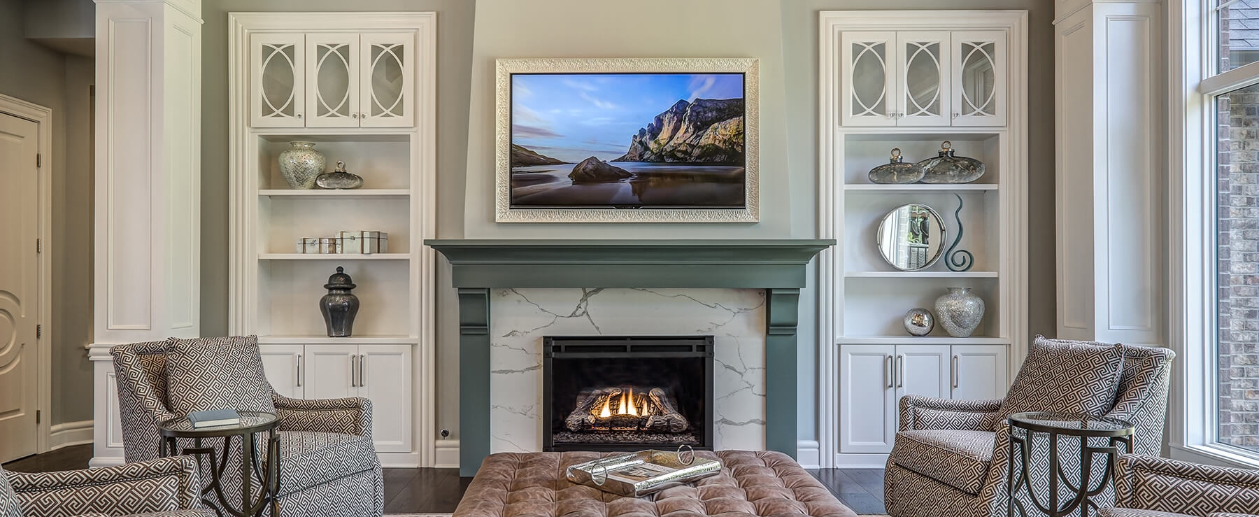 Fireplace Mantel with Arched Cabinet Mullions and Sage Green Accent