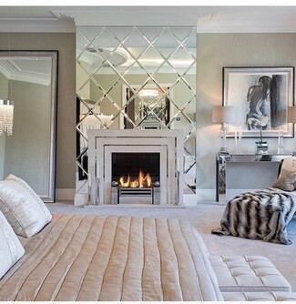 Fireplace Mantel with Diamond Beveled Mirror and Stone