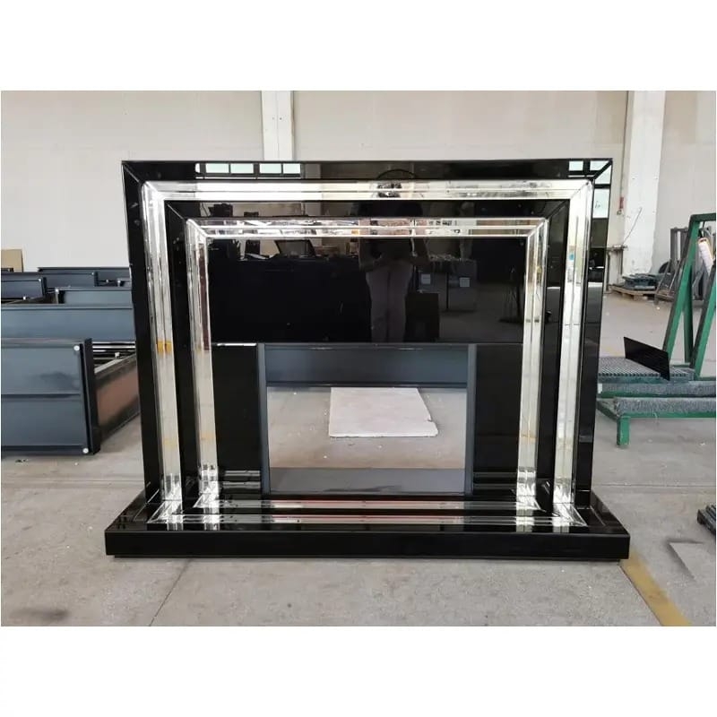 Fireplace Mantle with Glossy Black and Mirrored Trim