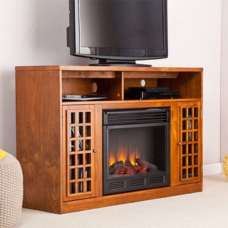 Fireplace Media Cabinet in Glazed Pine with Lattice Storage Doors