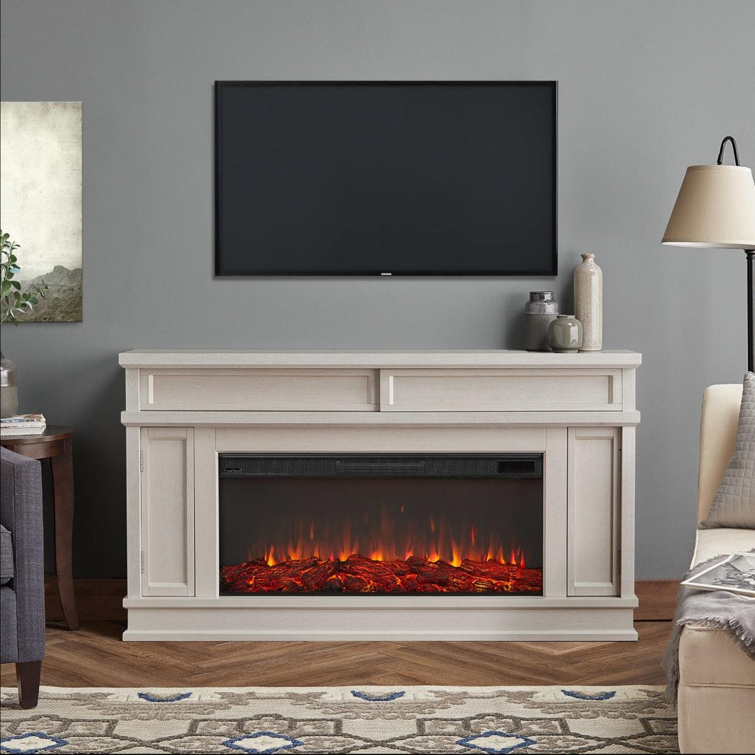 Fireplace Media Cabinet with Landscape Fireplace and Bone White Finish