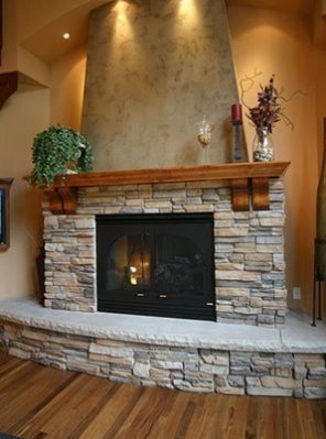 Fireplace Raised Hearth Wood Mantel Corbels and Stone Design