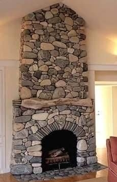 Fireplace River Rock Pattern Timber Mantel Arched Opening