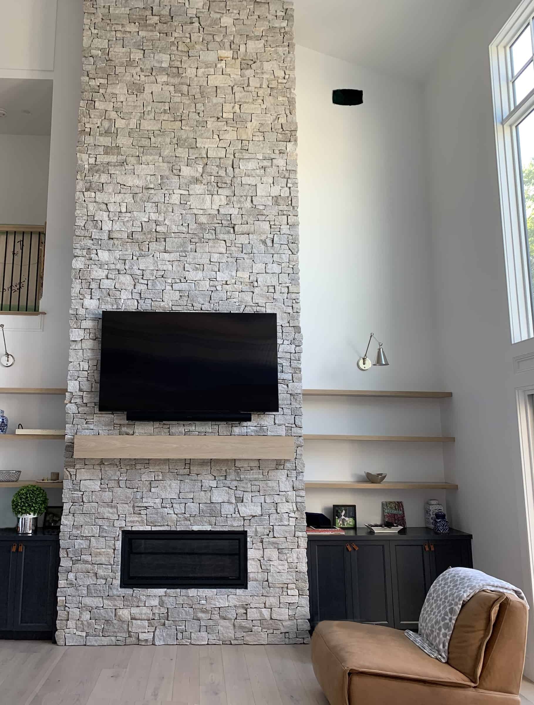 Fireplace Stacked Stone Texture Linear Firebox Floating Mantel