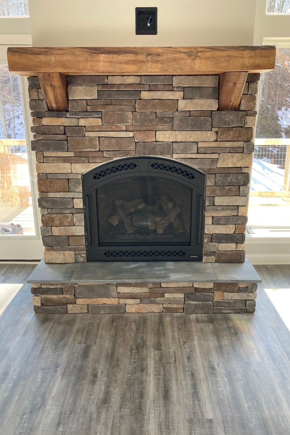 Fireplace Surround Stacked Stone Rustic Chunky Wood Mantel