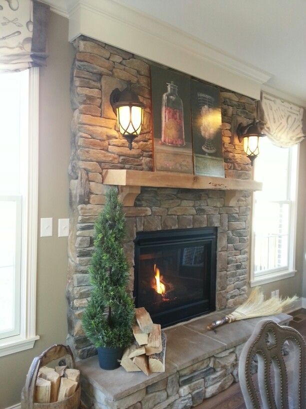 Fireplace Surround Symmetrical Lanterns Thick Timber Mantel