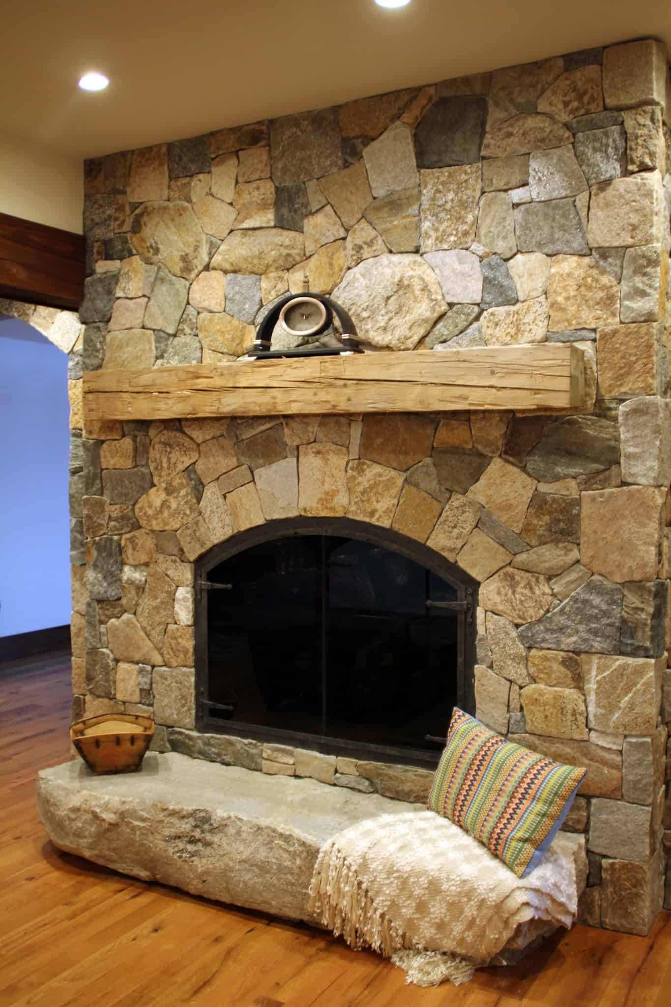 Fireplace Timber Mantle Arched Firebox Monolithic Stone Hearth