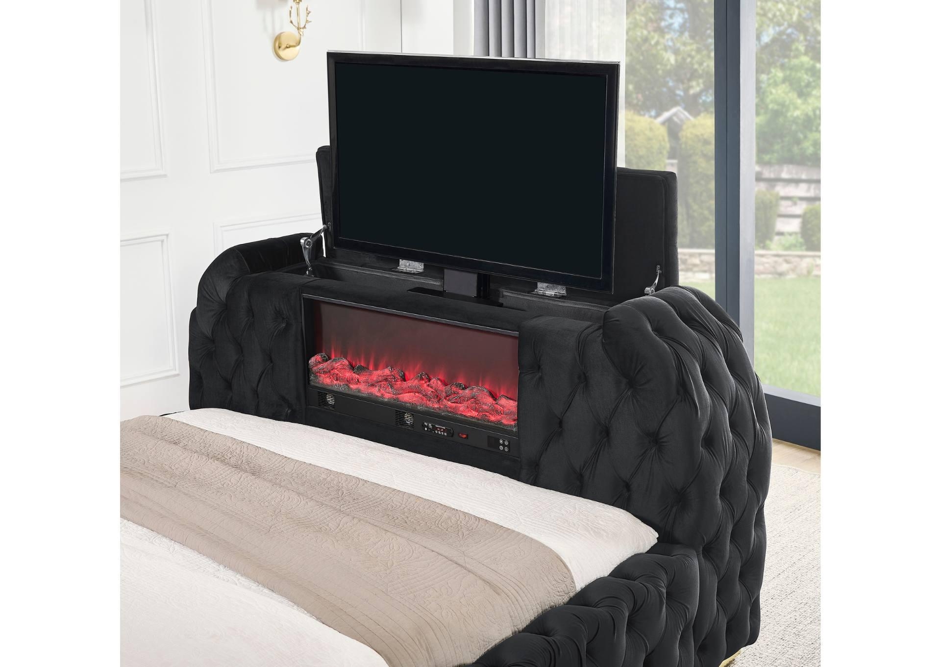 Fireplace TV Bed With Deep Tufted Upholstery and Pop Up TV