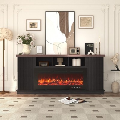 Fireplace TV Stand Featuring Vertical Fluted Texture and Shelves