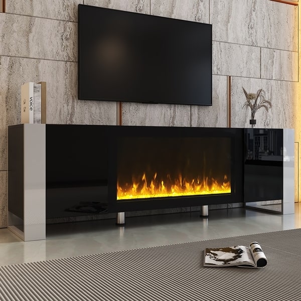 Fireplace TV Stand in High-Gloss Black with Silver Metallic Accents