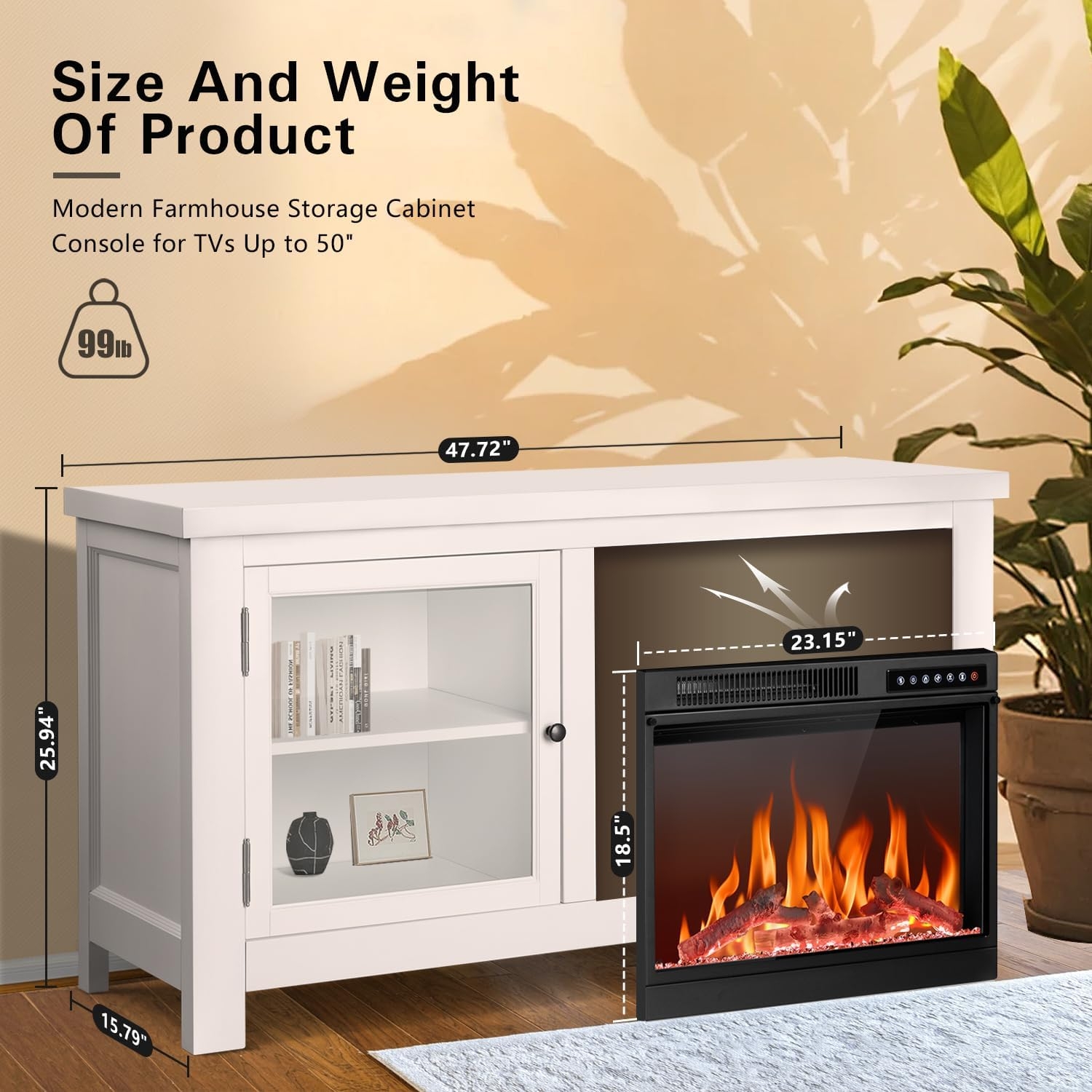 Fireplace TV Stand Includes 99lb Weight Capacity and Storage