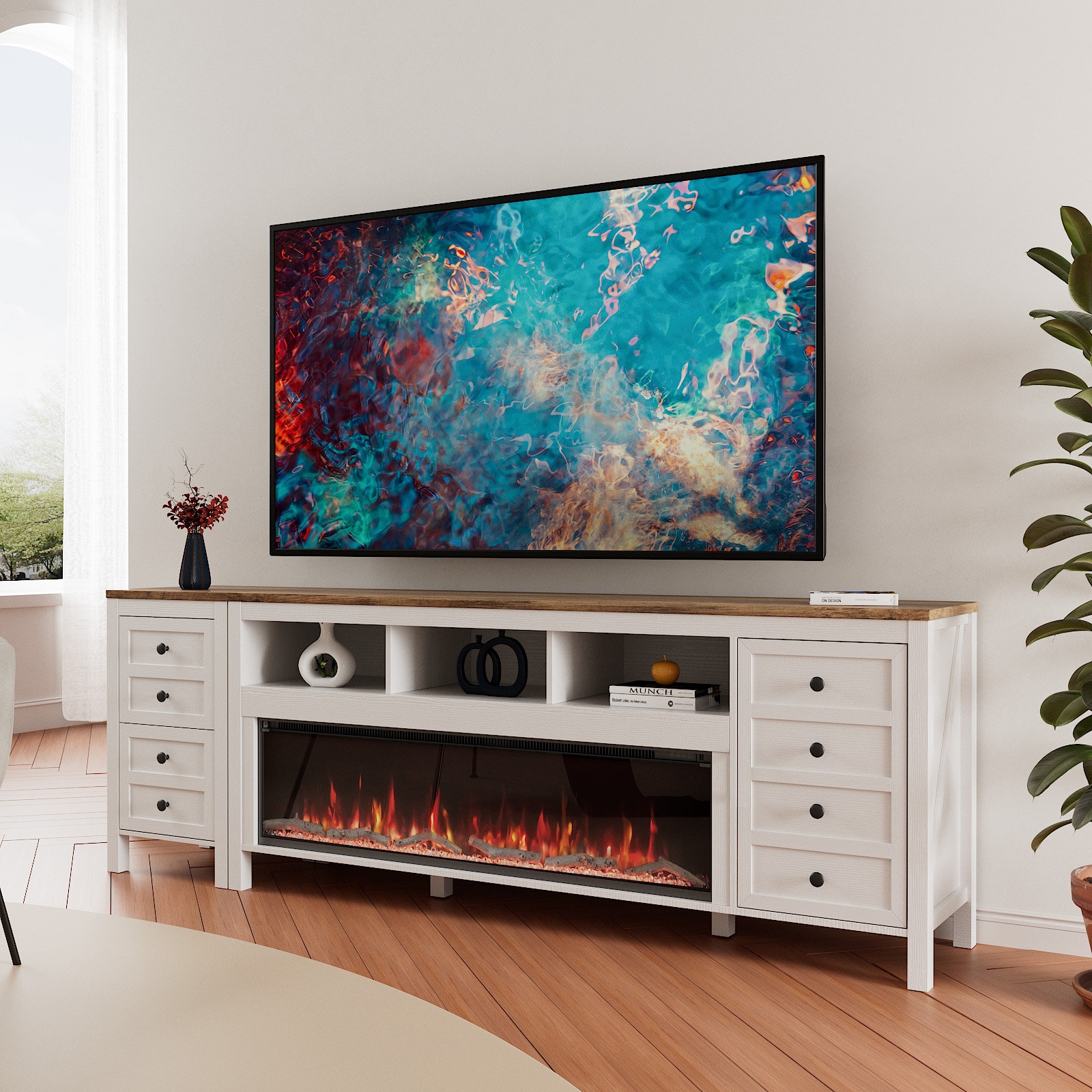 Fireplace TV Stand Showcasing 83 Inch Width and Farmhouse Style