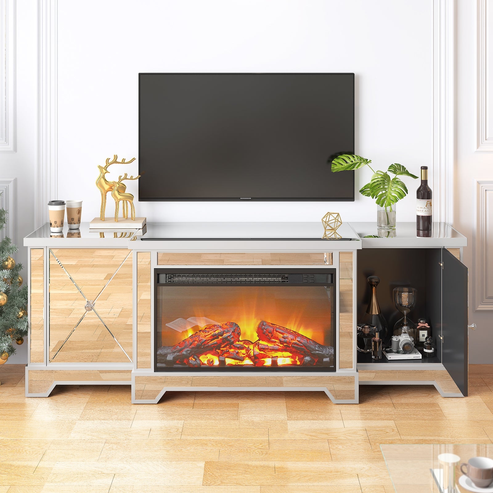 Fireplace TV Stand Using Mirrored Surfaces and Glam Lattice Detail