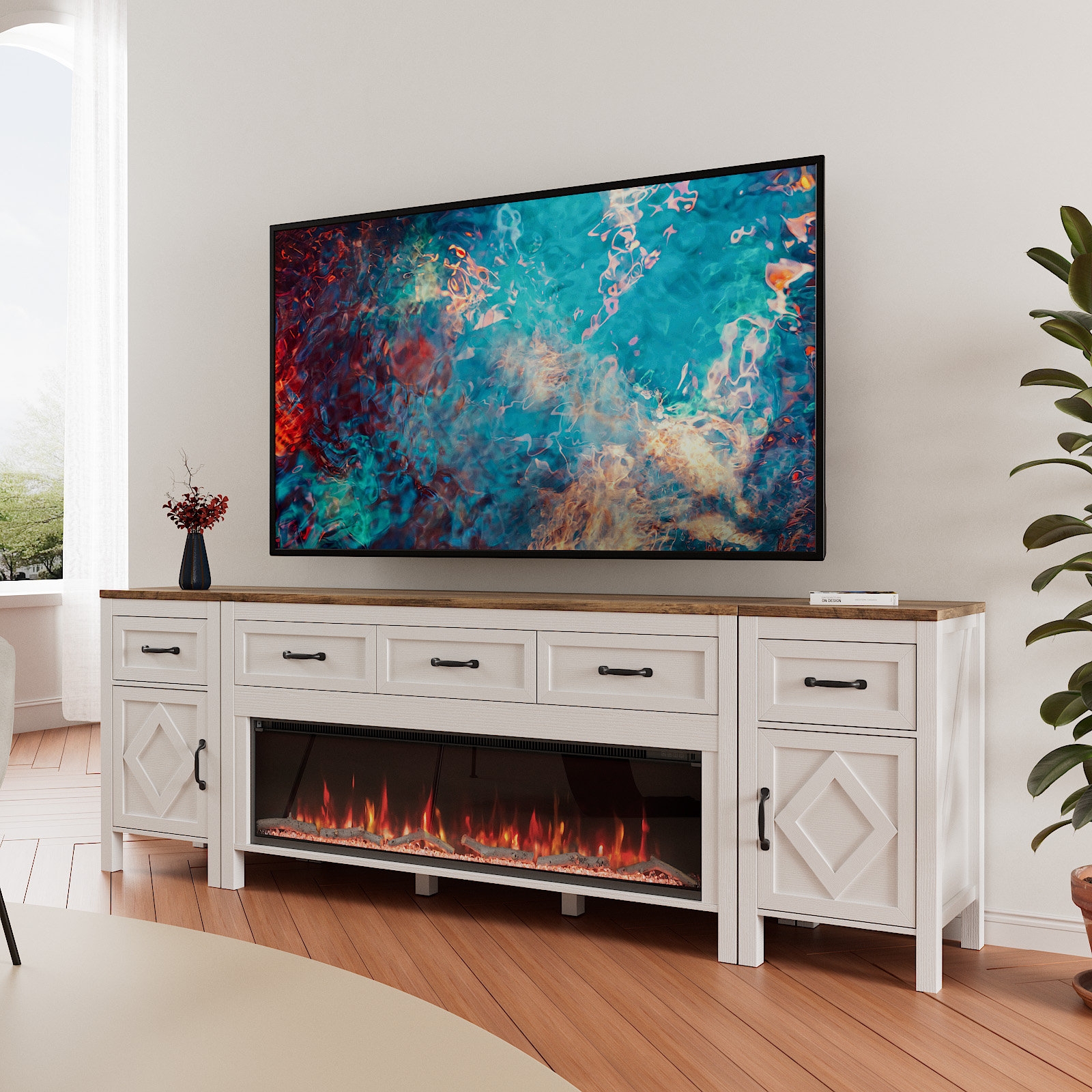 Fireplace TV Stand with Diamond Molding and Farmhouse Storage