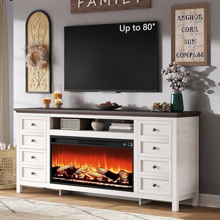 Fireplace TV Stand with Eight Drawers and Two-Tone Design