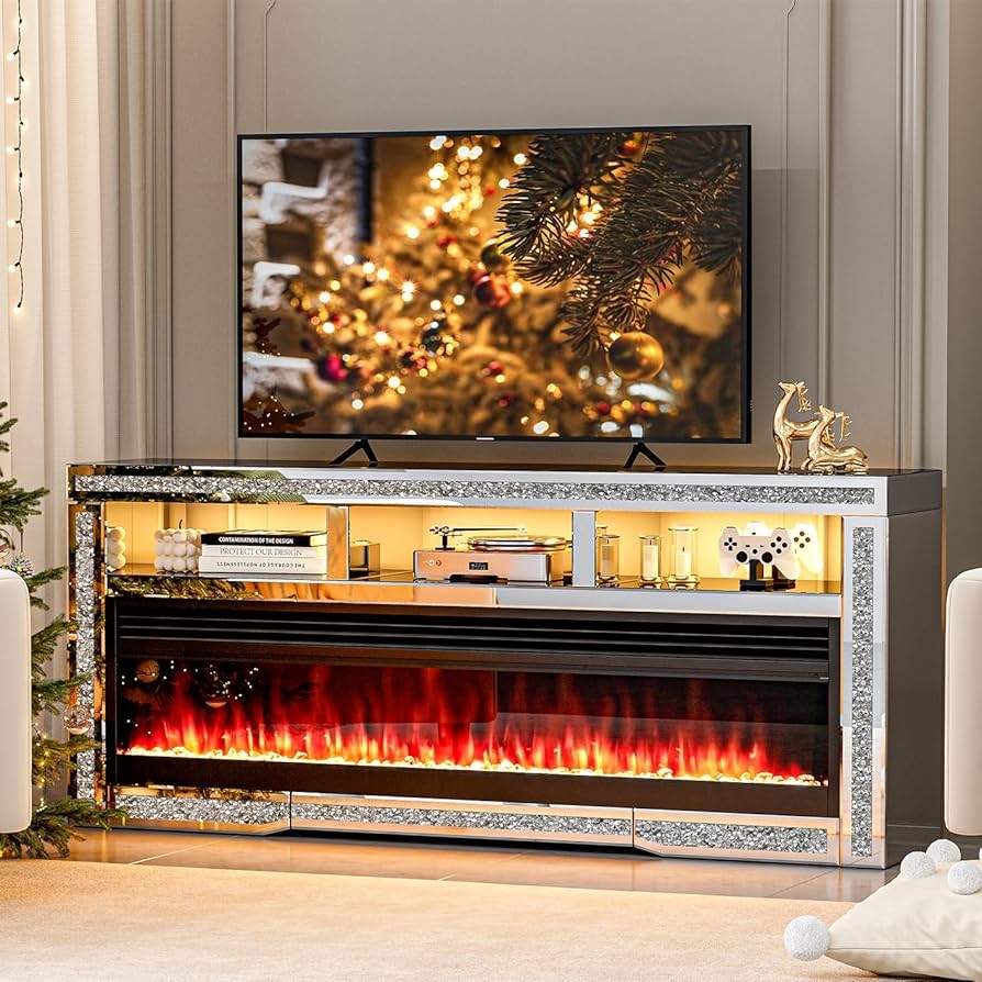 Fireplace TV Stand with LED Lit Shelves and Mirrored Finish