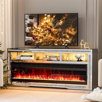 Fireplace TV Stand with LED Lit Shelves and Mirrored Finish