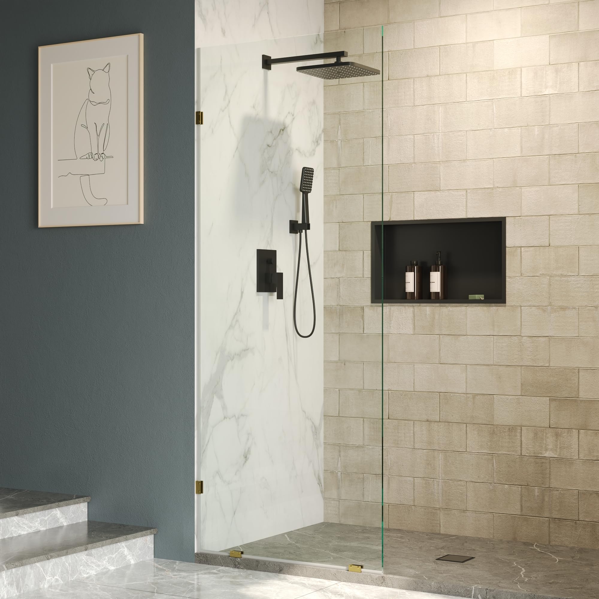 Fixed Shower Panel gold hardware clips and glass panel