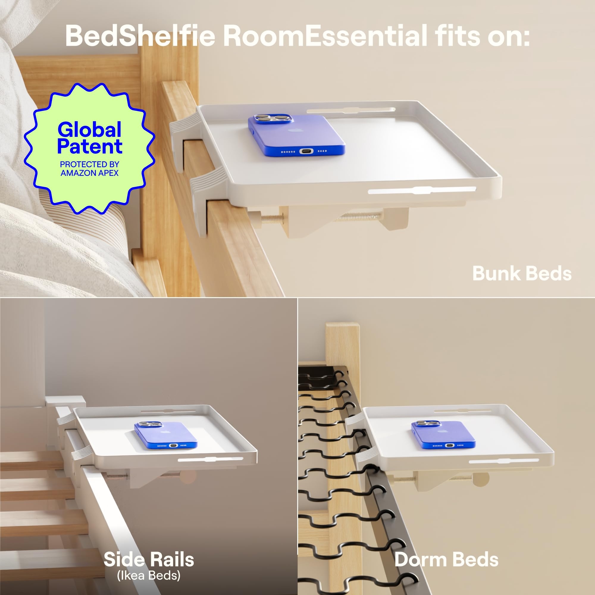 Floating Bedside Shelf with Matte White Finish and Clip-on Bedside Shelf