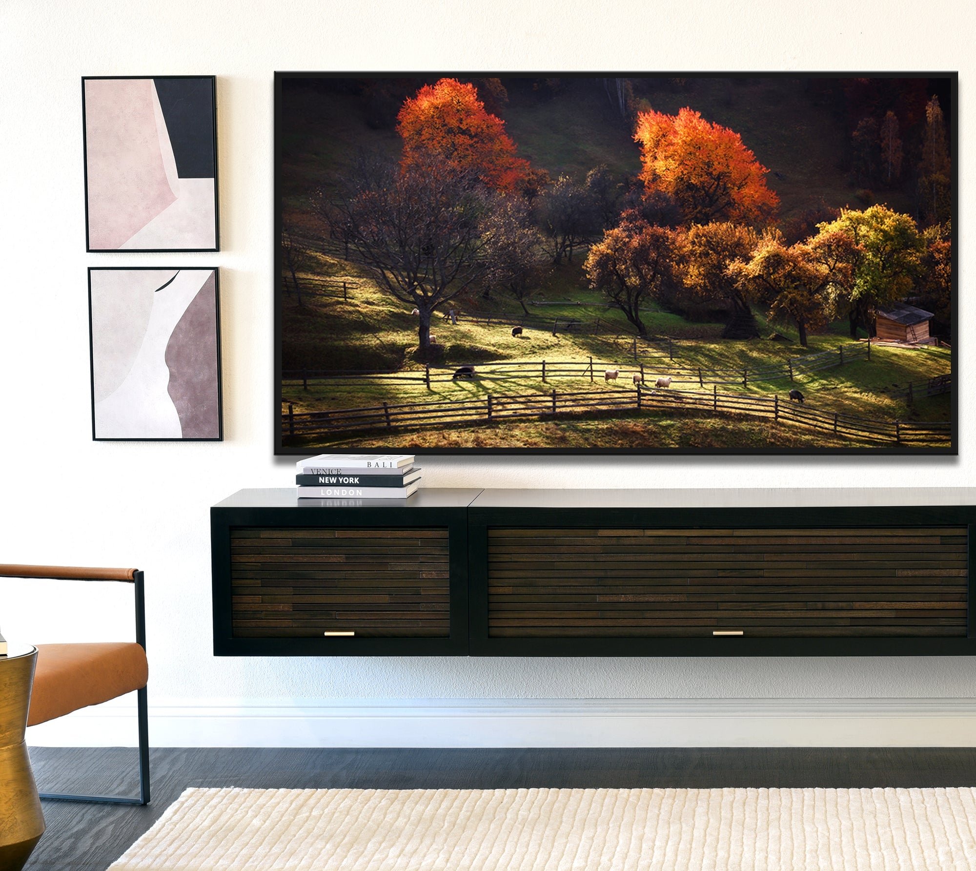 Floating Media Console Slatted Wood Matte Frame