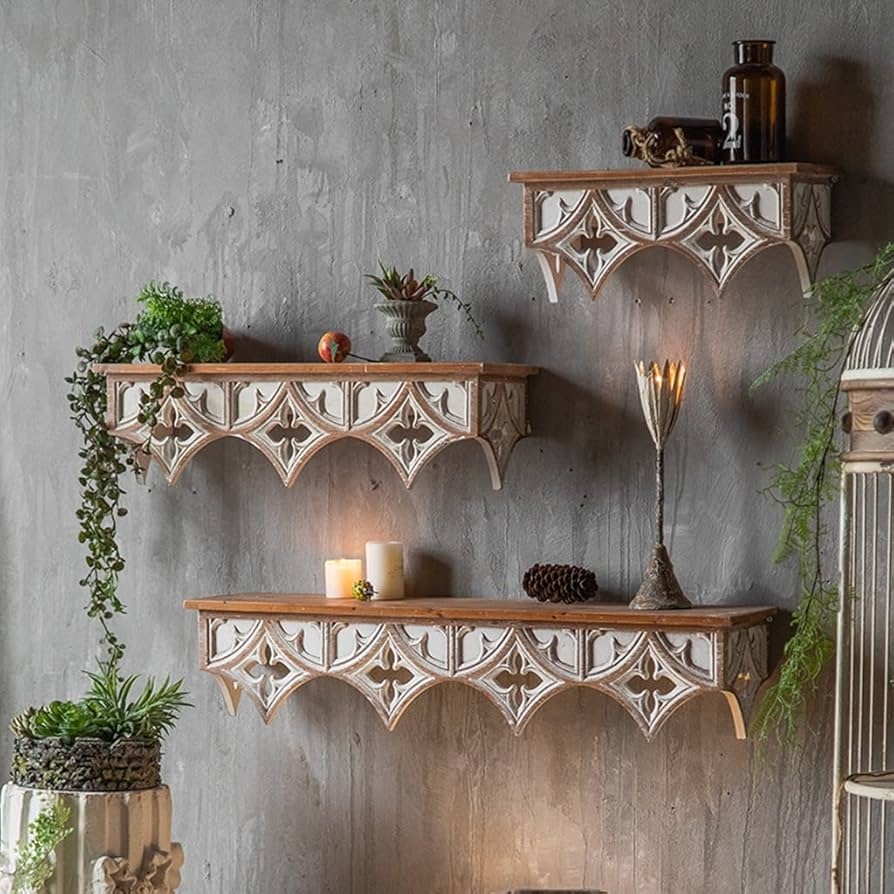 Floating Shelf with Gothic Arch Carving and Quatrefoil Detail
