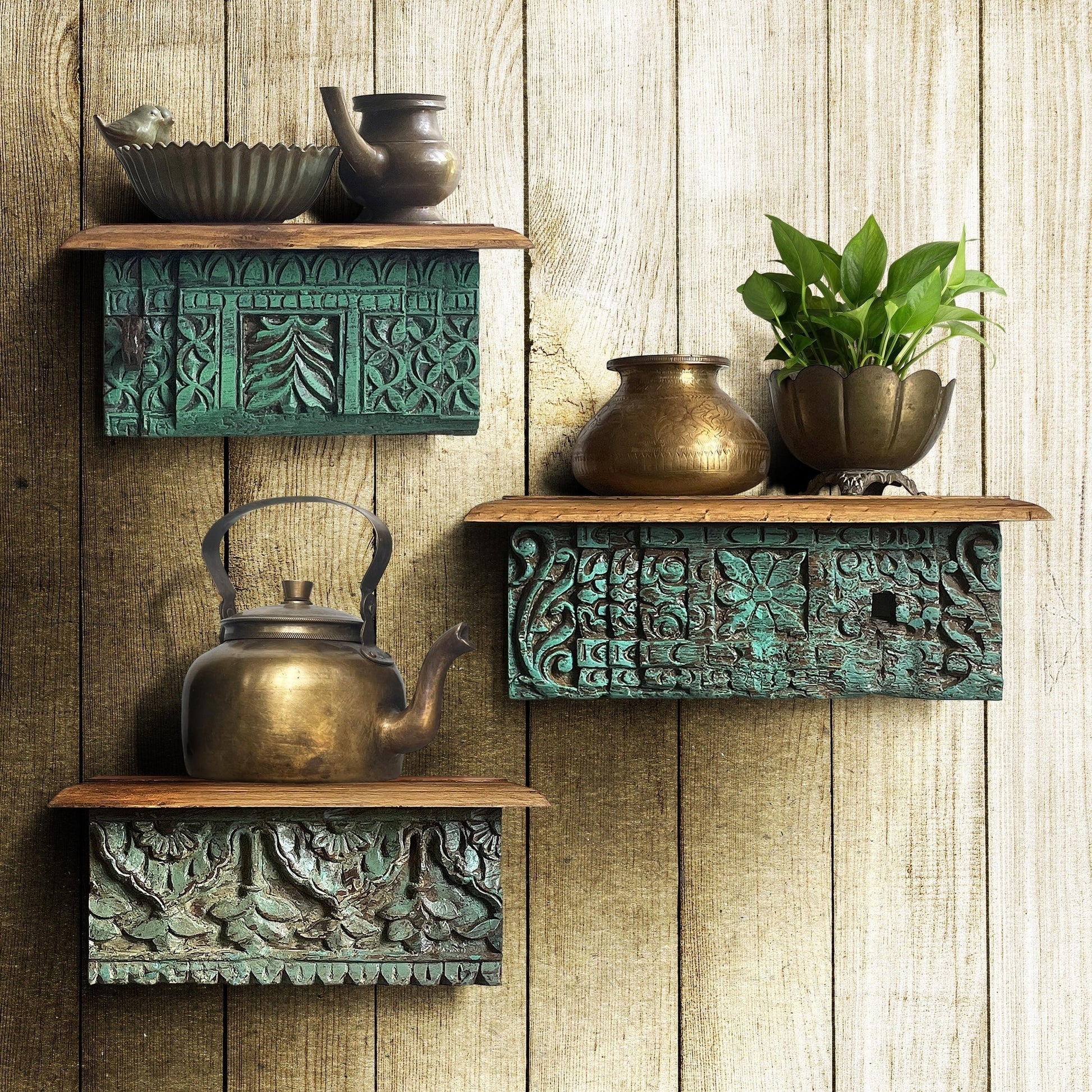 Floating Shelves: Teal Distressed Carvings Rustic Wall Shelf